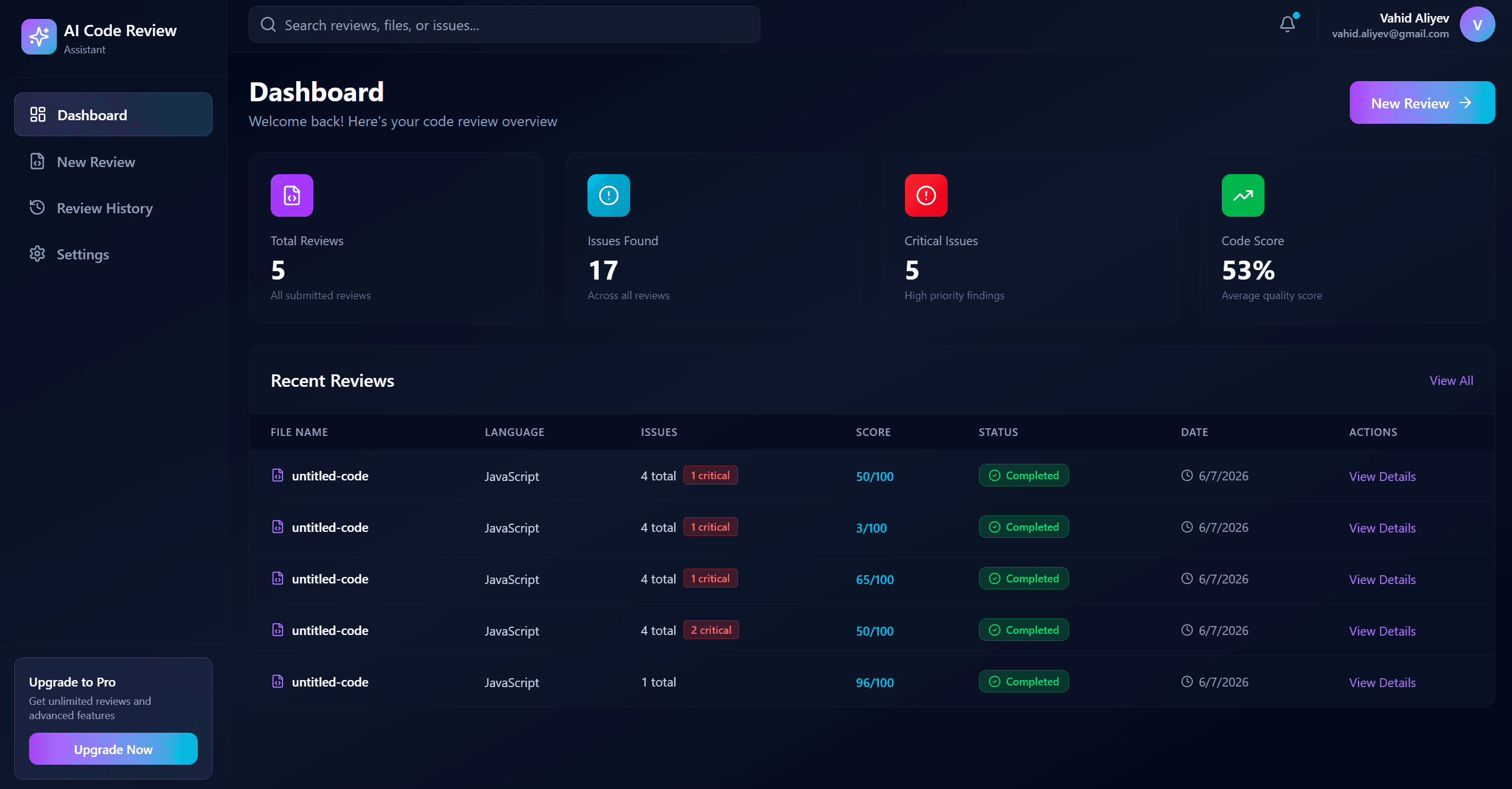 AI Code Review dashboard