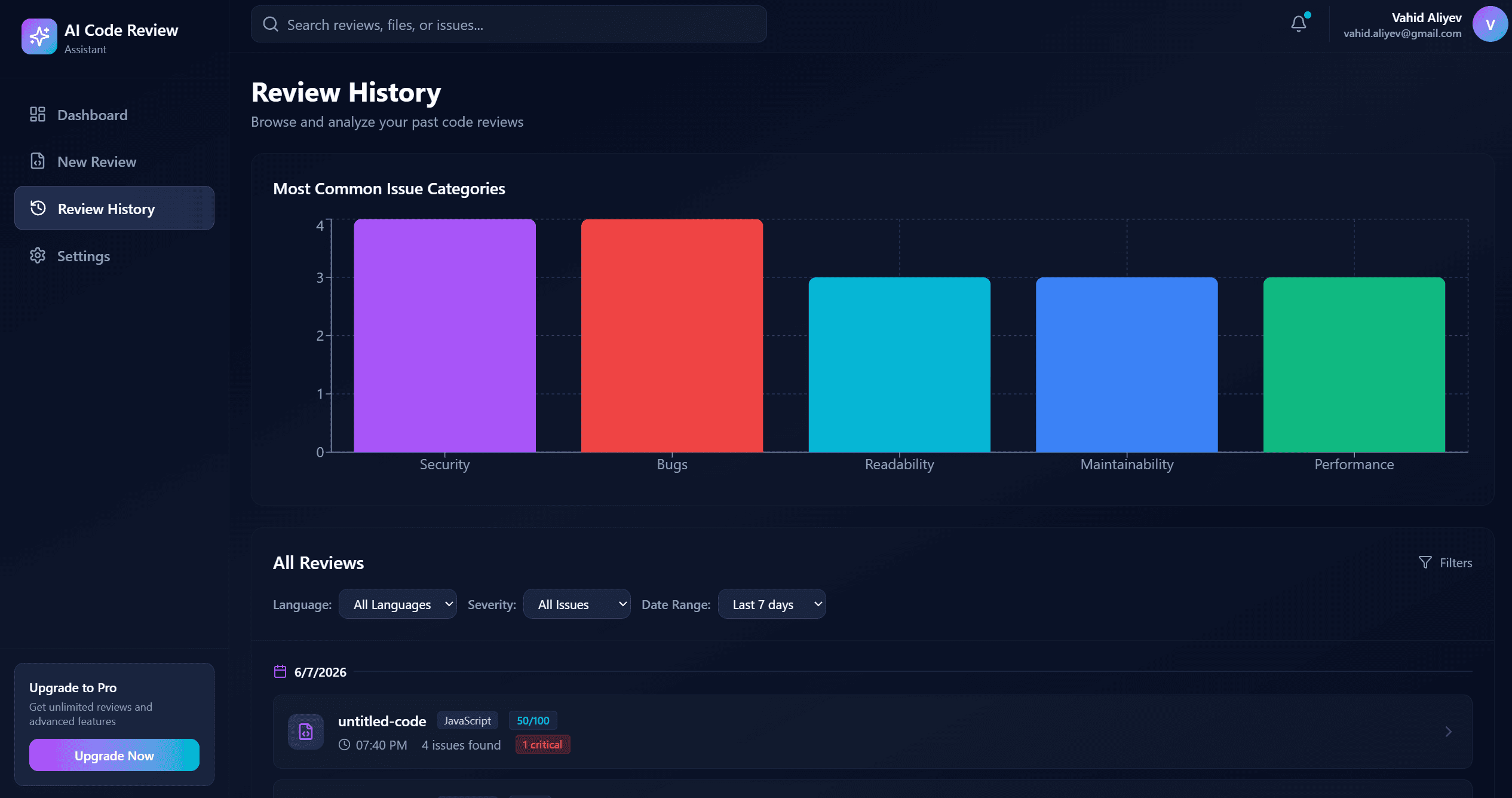 AI Code Review history page