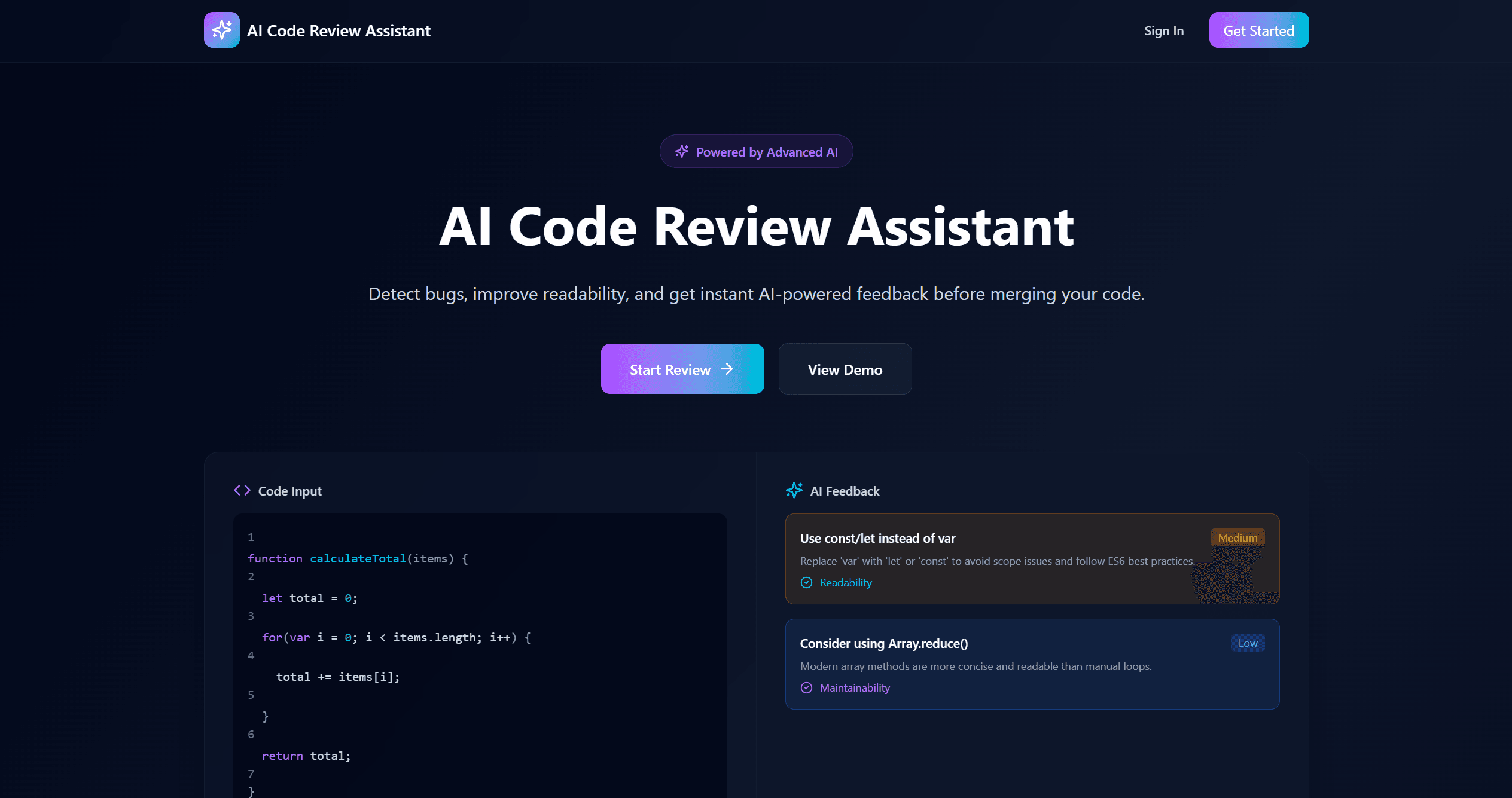 AI Code Review application dashboard