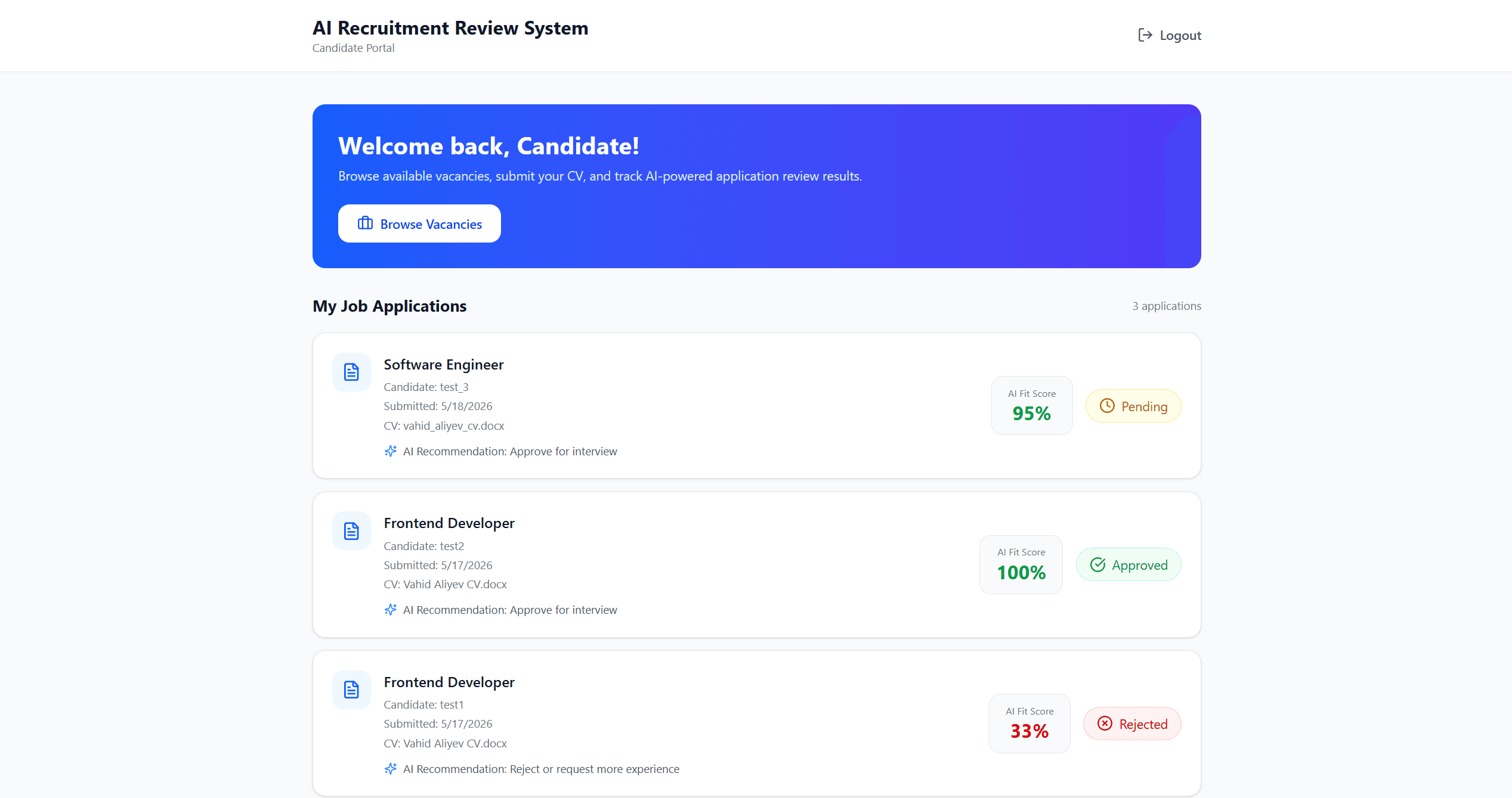 Candidate application management page