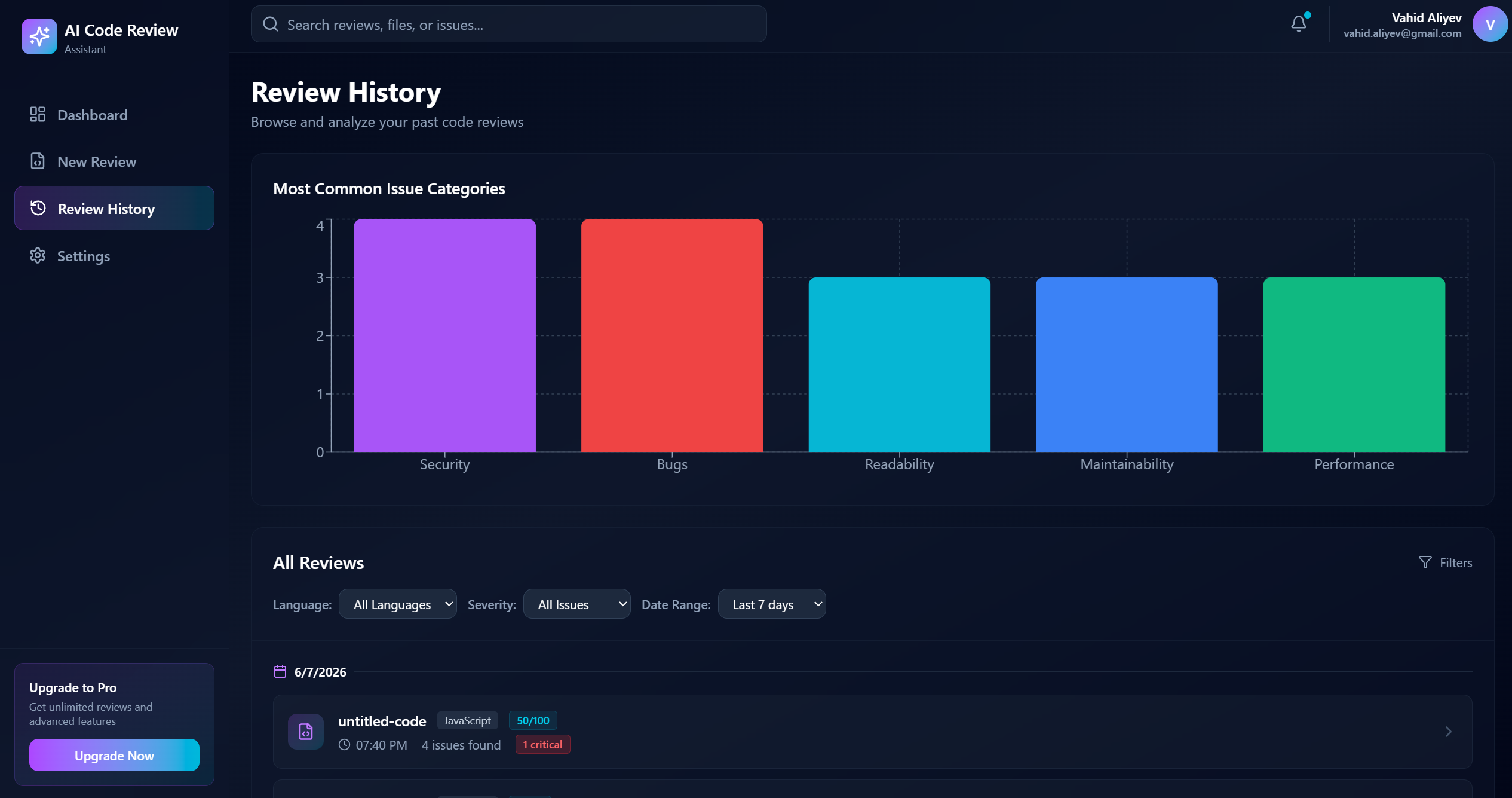AI Code Review history page