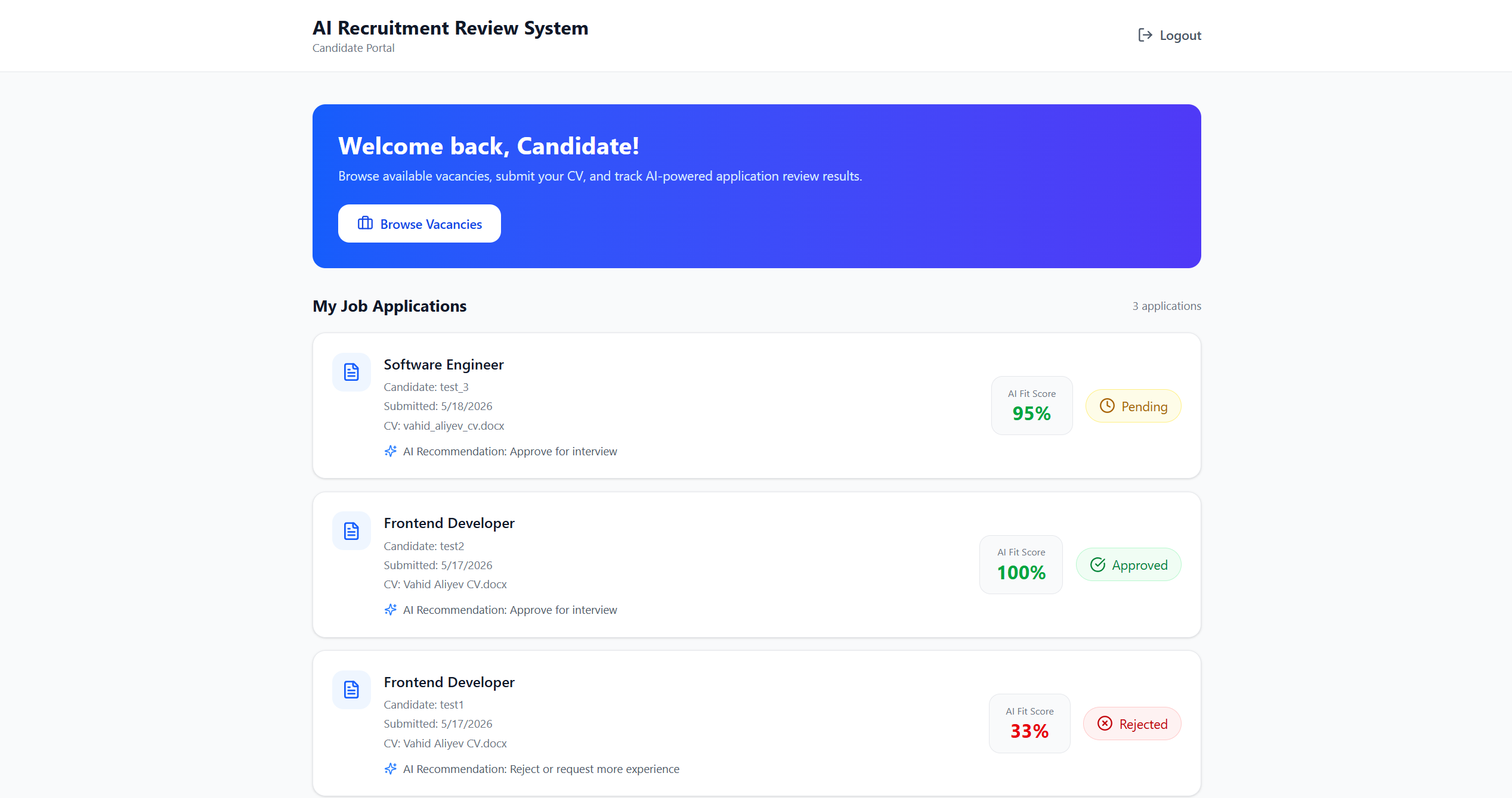 Candidate application management page