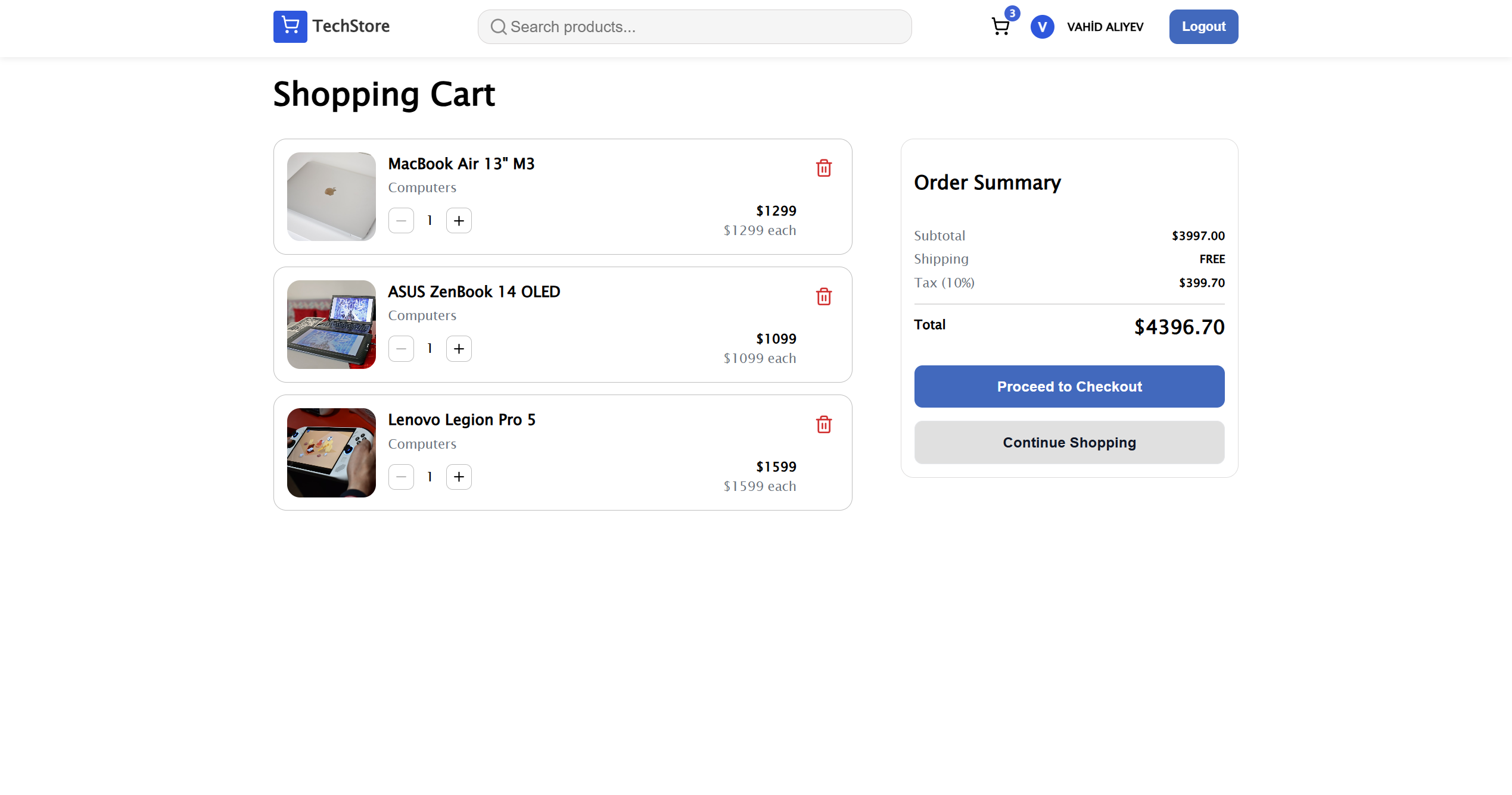 Tech Store shopping cart