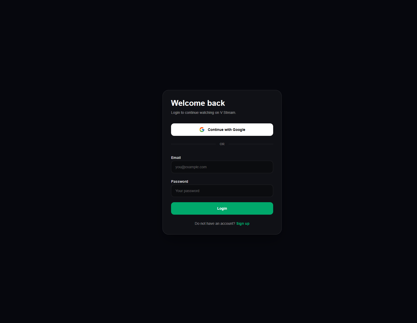 V Stream login interface