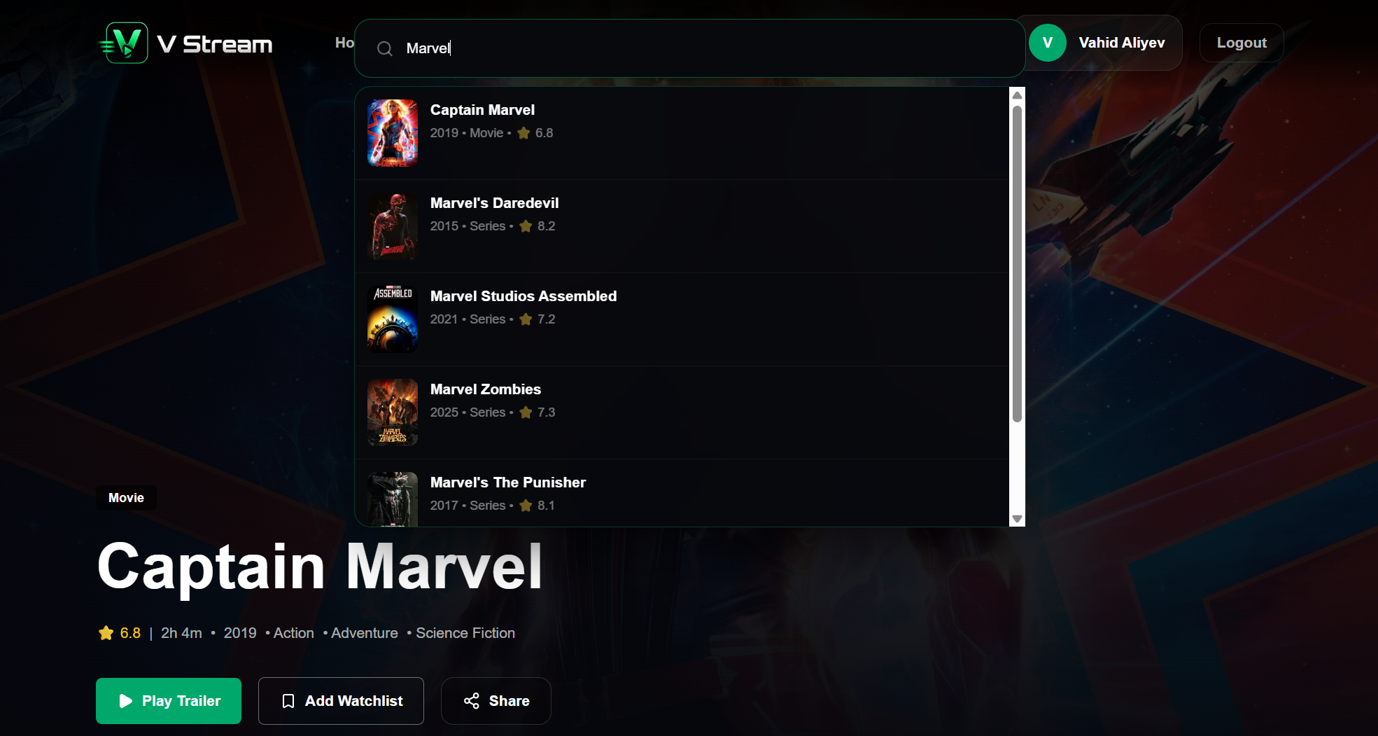 V Stream search experience