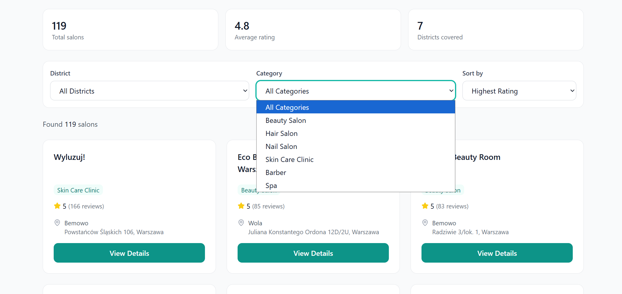 Warsaw salon filtering interface